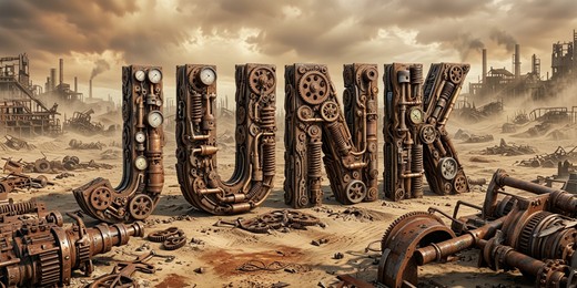 Steampunk 3D text effect composed of gears and engine parts.