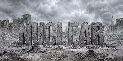 Weathered and decayed concrete text after armageddon.