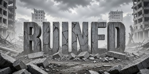 Massive concrete 3D letters standing in a ruined post-apocalyptic city.
