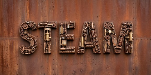 Front view of a steampunk typography made of mechanical parts.