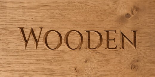 Wooden text effect with serif letters carved into natural wood grain.