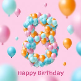 8th birthday greeting with balloons.