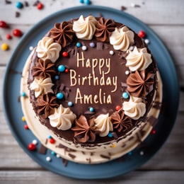 White creme text typography on a chocolate cake.