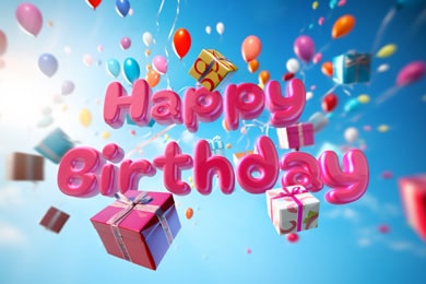 Birthday 3D typography with flying objects.