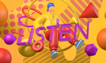 Random 3D and typography graphics.