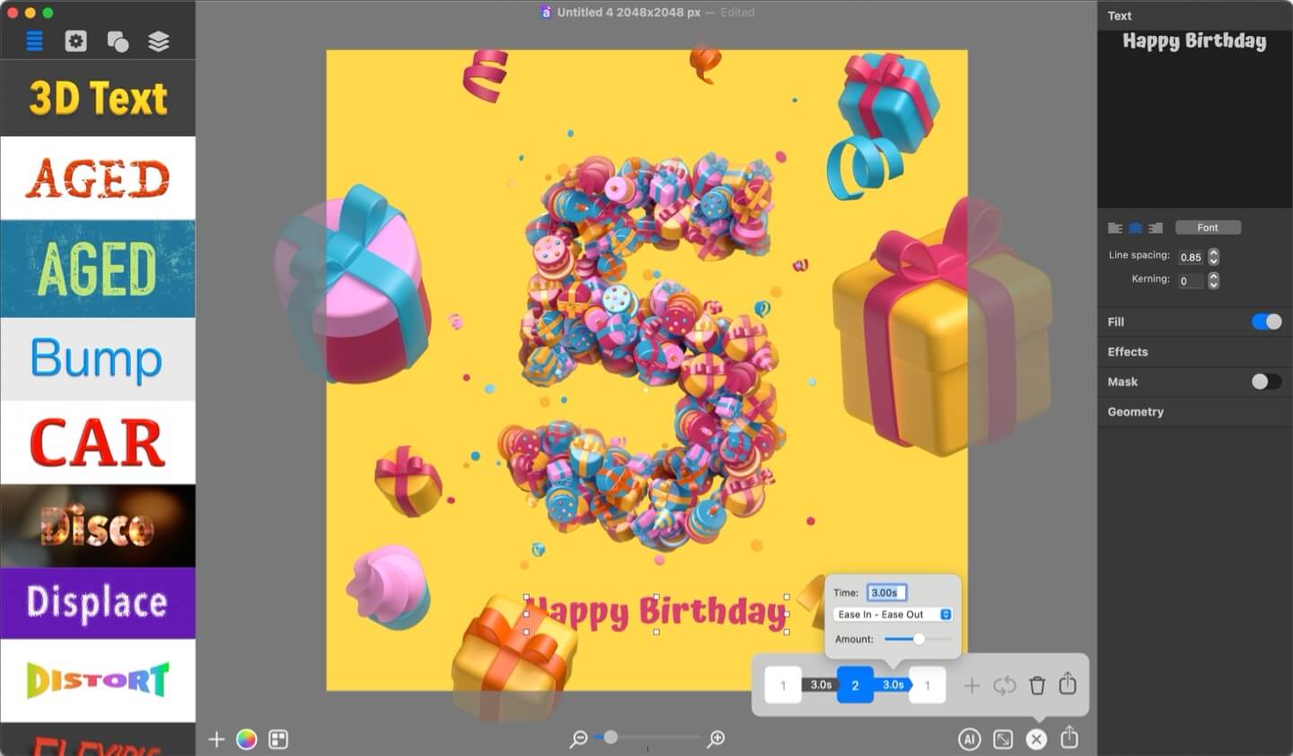Adding and setting up animation keyframes and transitions in Art Text.
