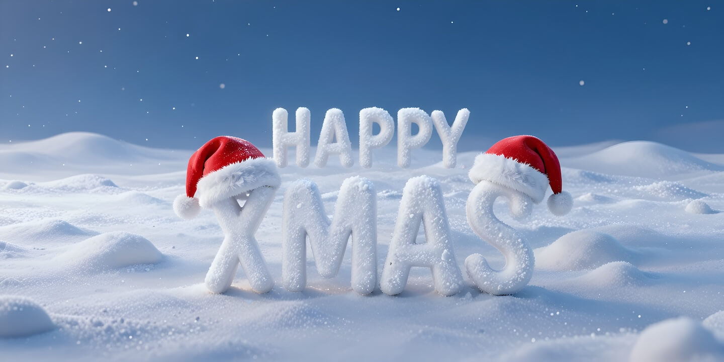 3D text with snow effect and Santa hats.