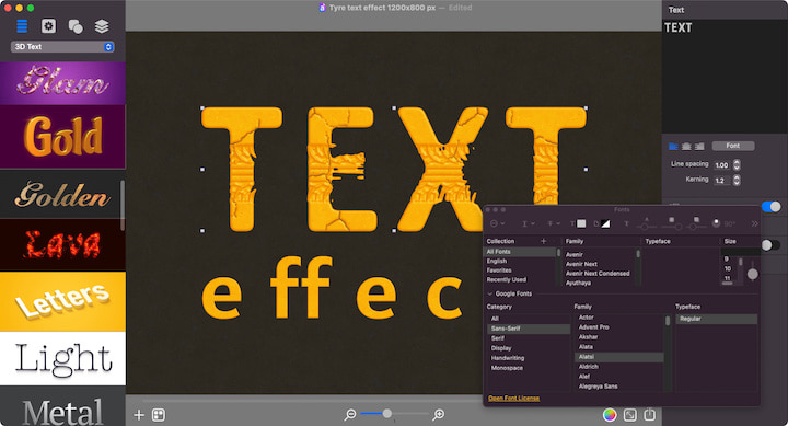 Google Fonts integrated into the system Fonts dialog in Art Text 4.