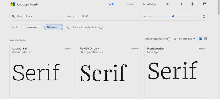 Serif fonts preview in Google Fonts.