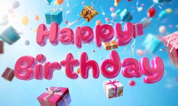 Birtday gifts flying on a greeting card.