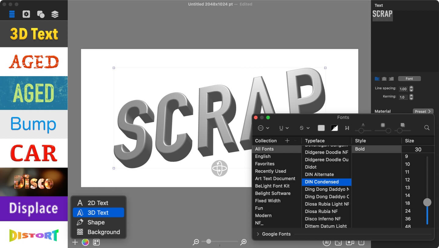 Editing and rotating 3D text in Art Text.