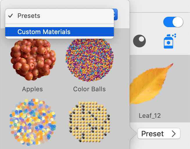 Custom presets for the Spray effect in the Inspector