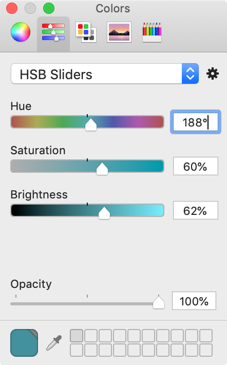 Colors pane with Hue, Saturation and Brightness sliders