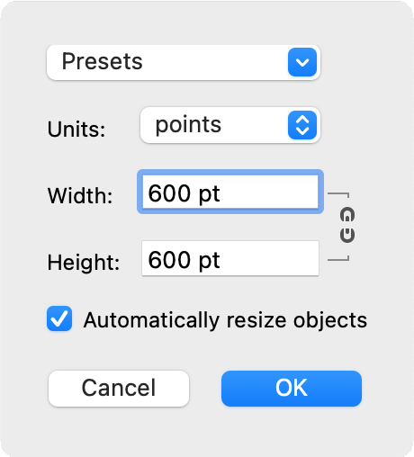 Settings for choosing a new the document size.